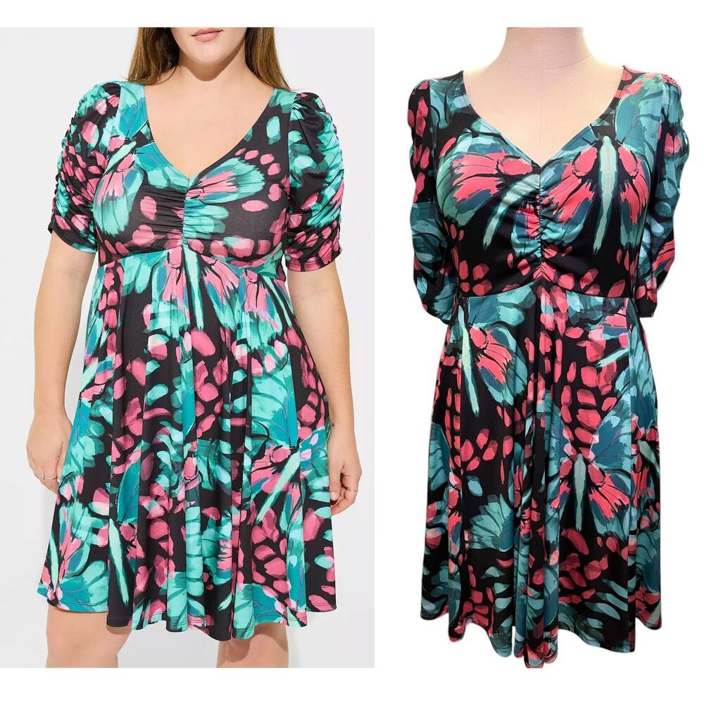 Torrid‎ 4 (4X) Black Floral Butterfly Print Studio Knit Cinch Front Skater Dress